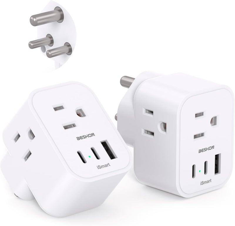 BESHON 【2 Pack】 US to India Plug Adapter, Type D Travel Plug with 3 Outlets 3 USB Ports(2 USB C), 6 in 1 India Power Travel Adapter for US to India, Bangladesh, Maldives - Image 1